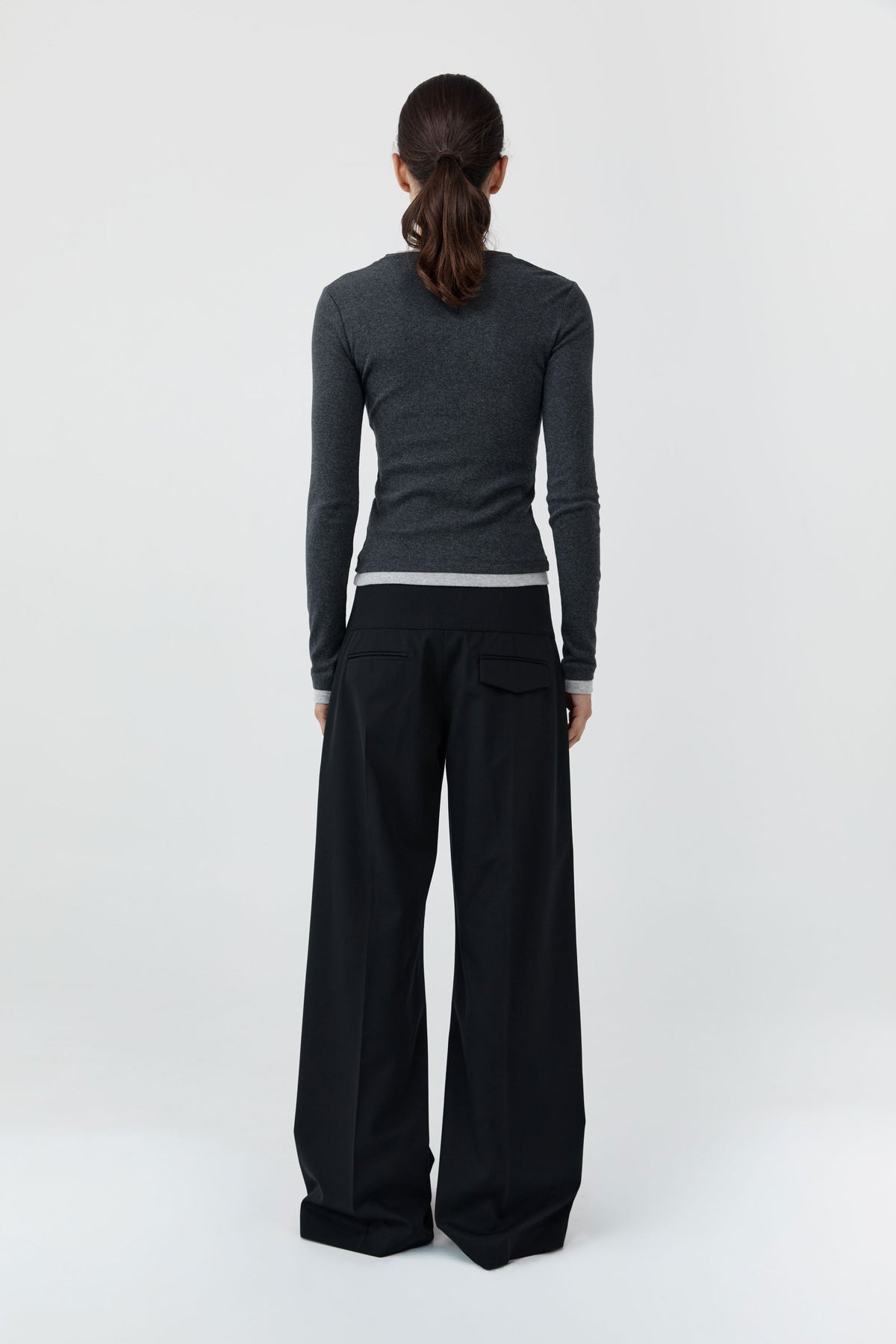 Organic Cotton V Neck Long Sleeve Top - Charcoal Melange