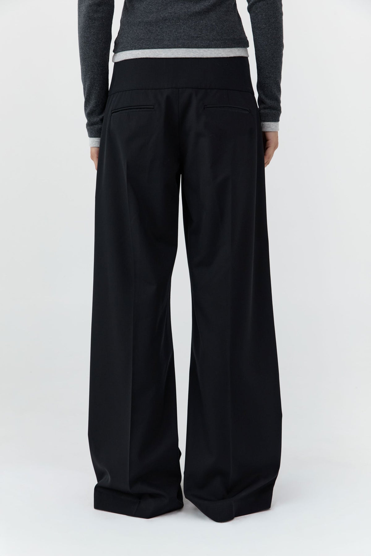 Wool Wide Waistband Pants - Black