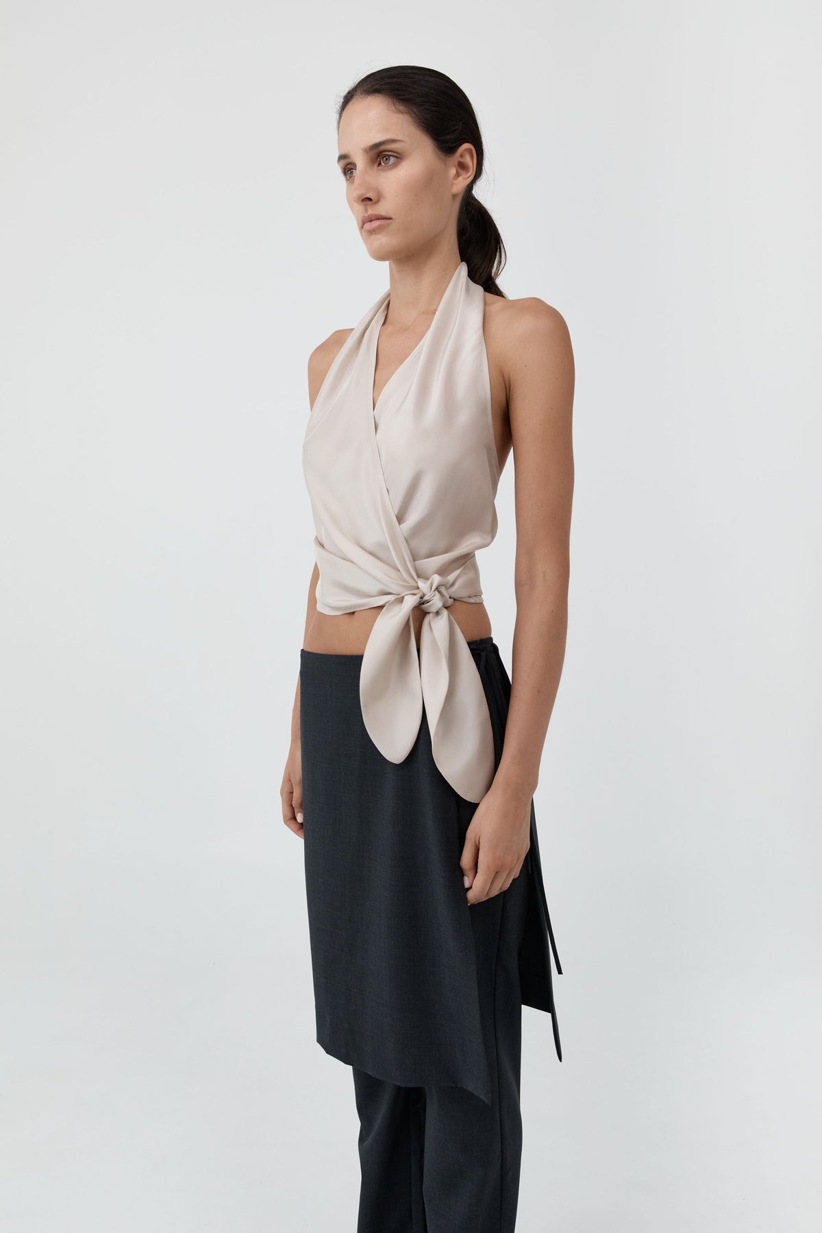 Silk Halter Wrap Top - Soft Ash