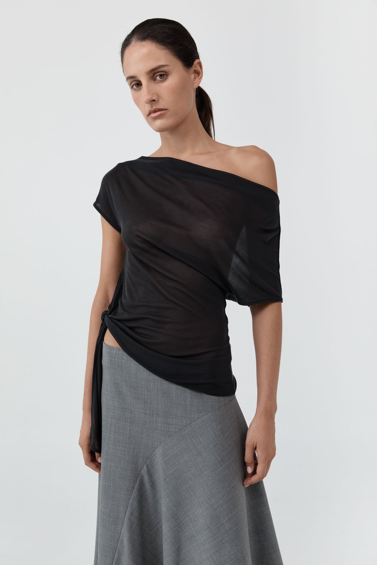 Fine Jersey Off Shoulder Top - Charcoal