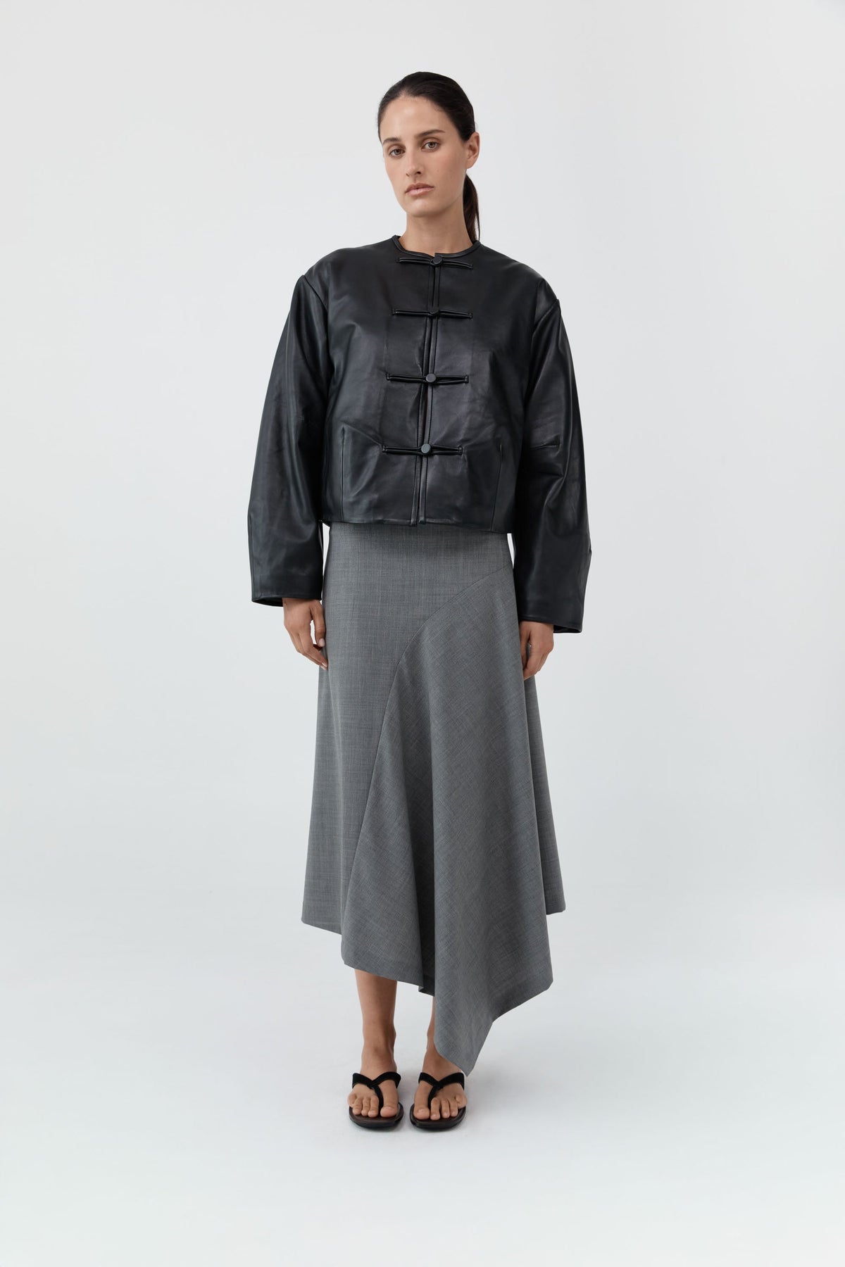 Button Detail Cocoon Leather Jacket - Black