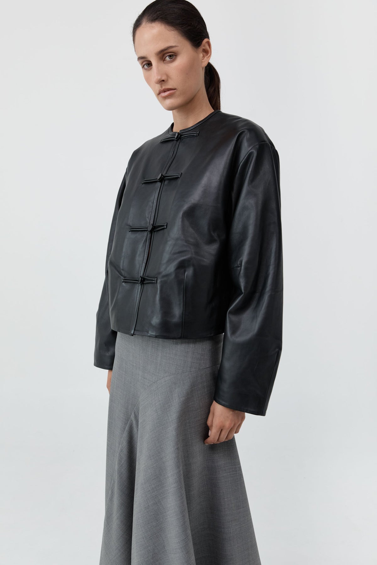 Button Detail Cocoon Leather Jacket - Black