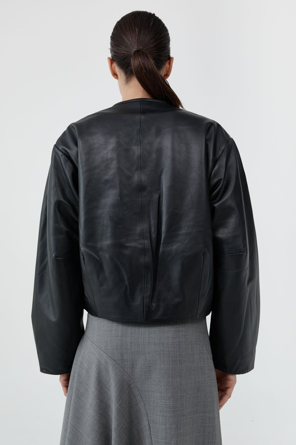 Button Detail Cocoon Leather Jacket - Black