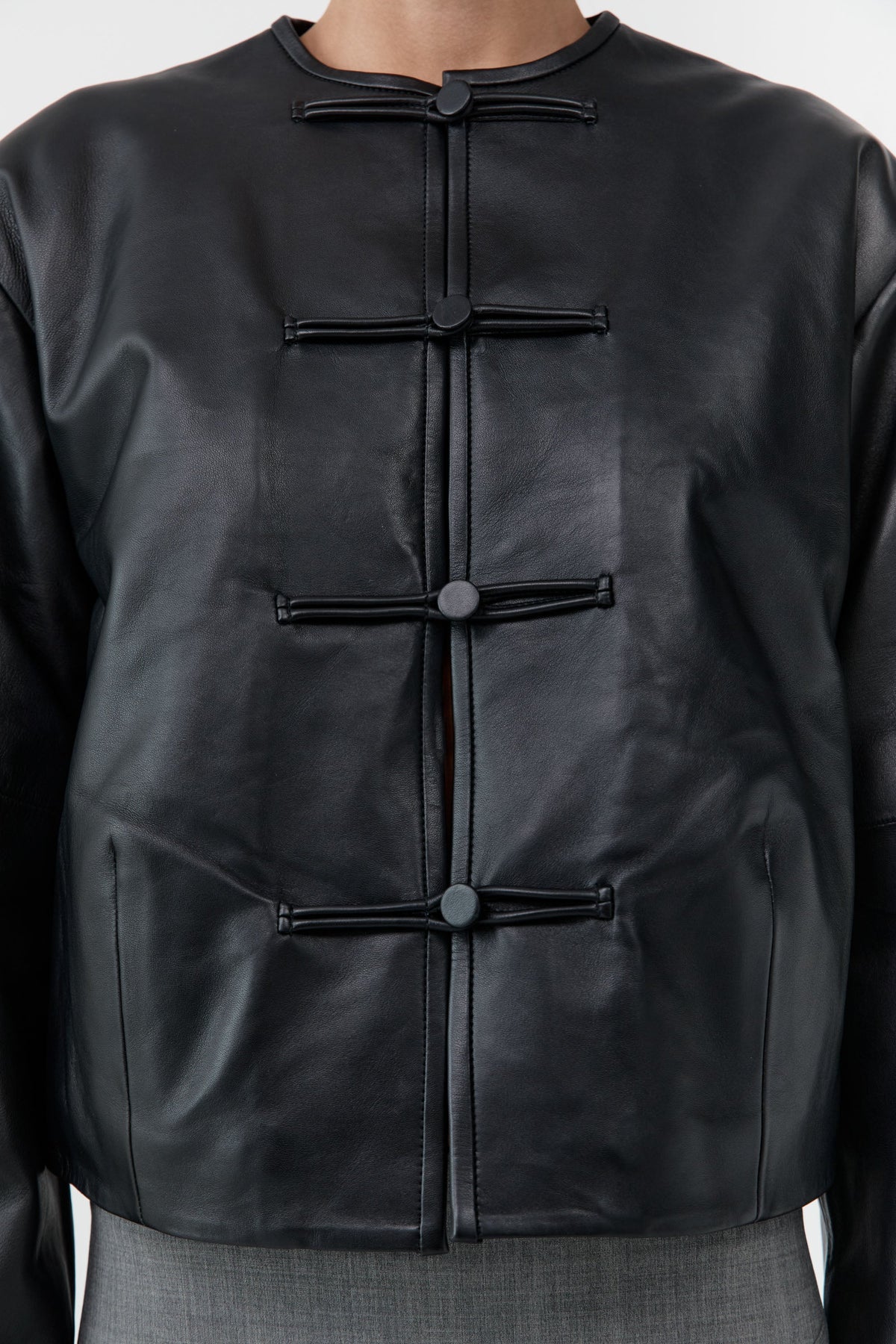 Button Detail Cocoon Leather Jacket - Black