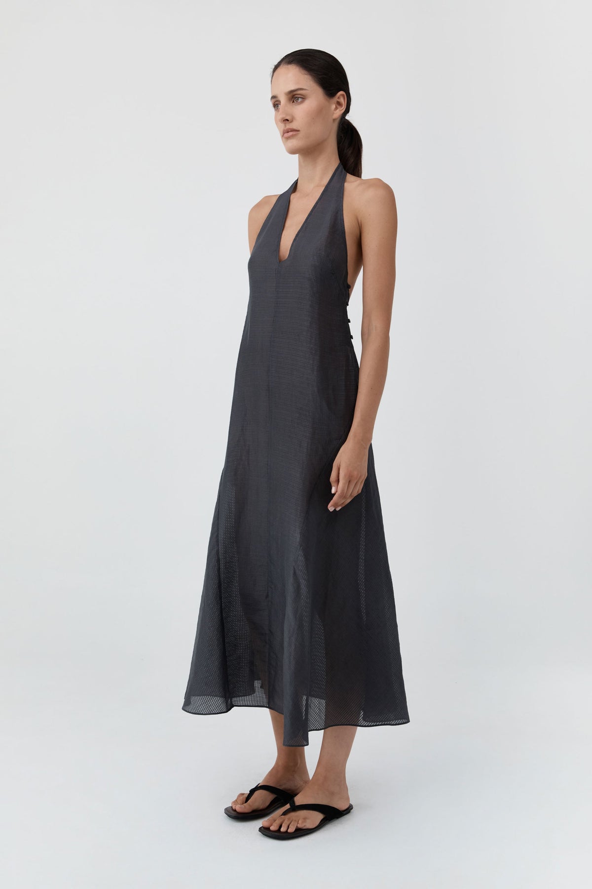Woven Check Halter Dress - Iron Glaze