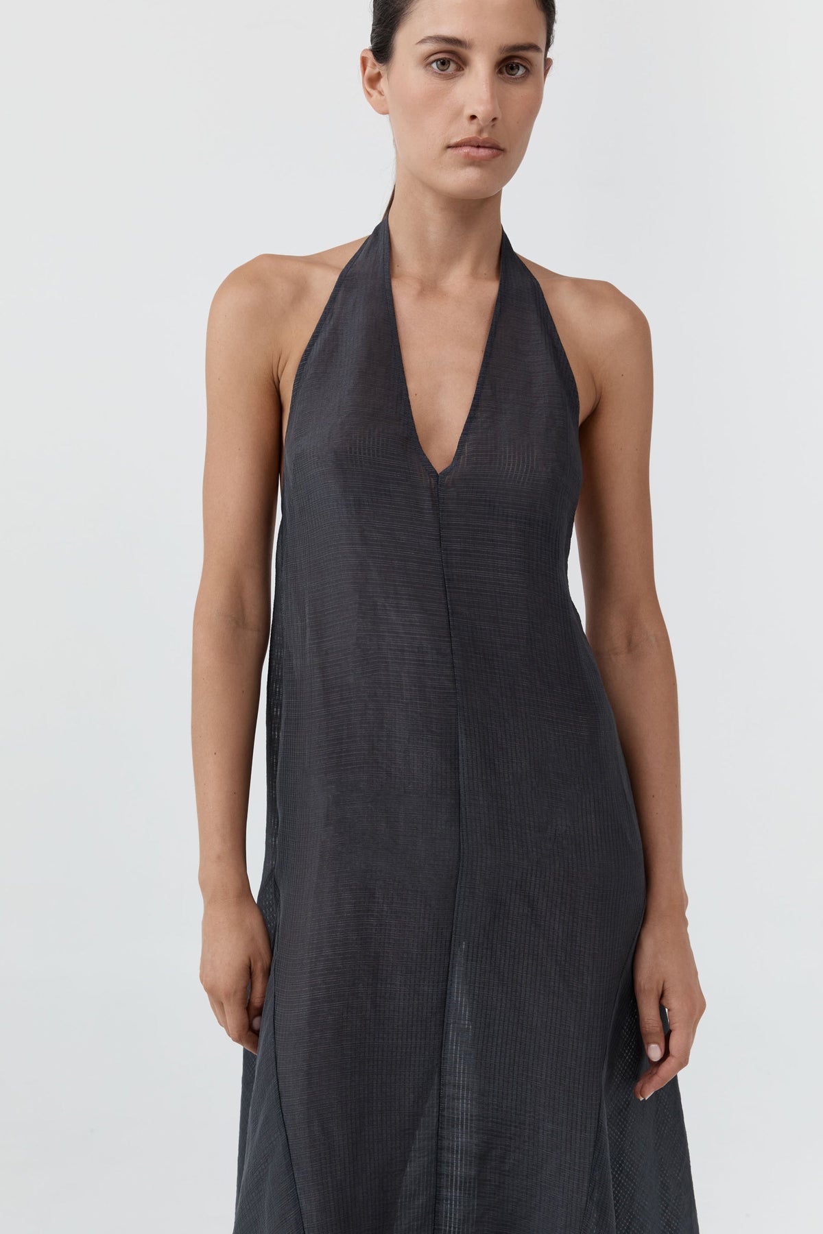 Woven Check Halter Dress - Iron Glaze