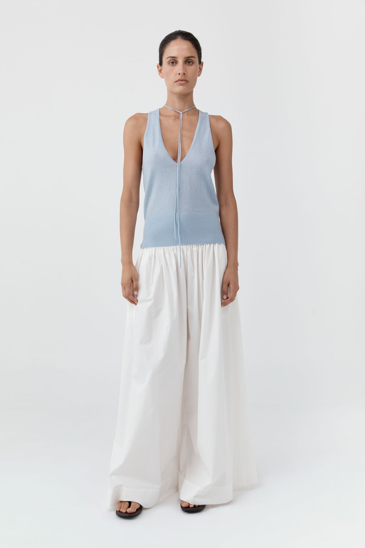 Plunge Rouleau Knit Tie Top - Light Steel