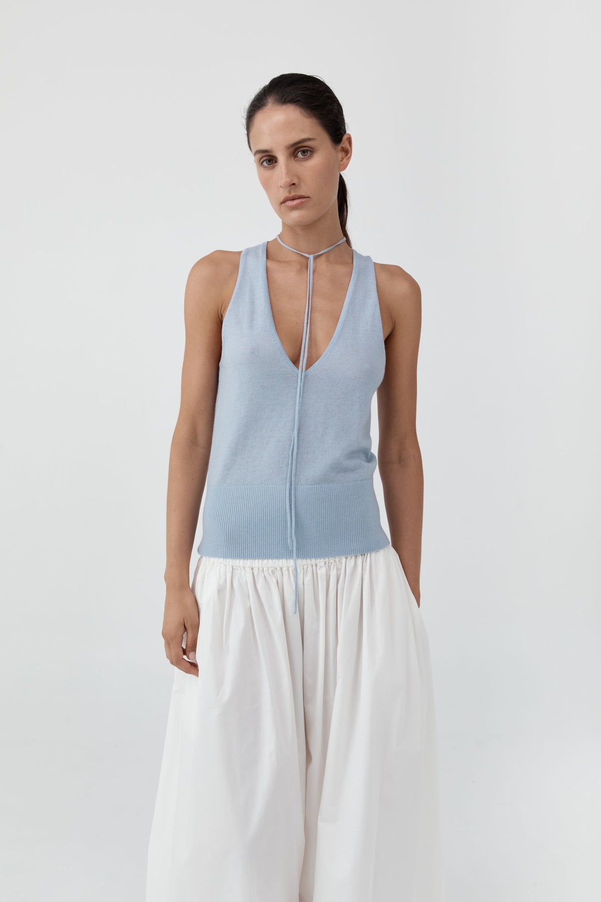Plunge Rouleau Knit Tie Top - Light Steel