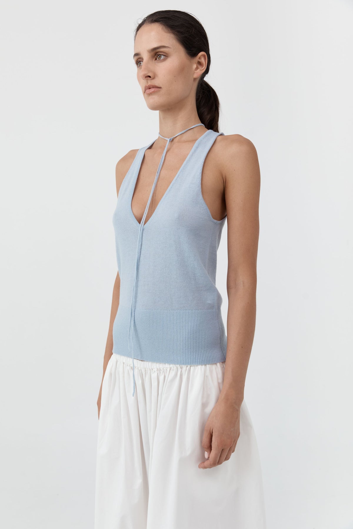Plunge Rouleau Knit Tie Top - Light Steel