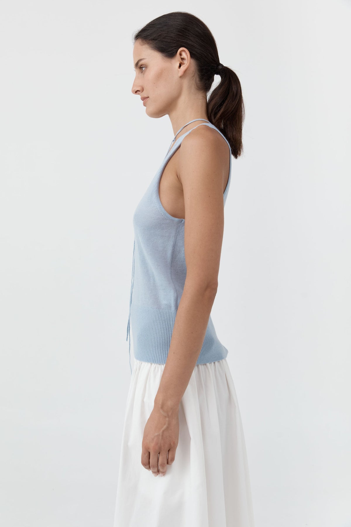 Plunge Rouleau Knit Tie Top - Light Steel
