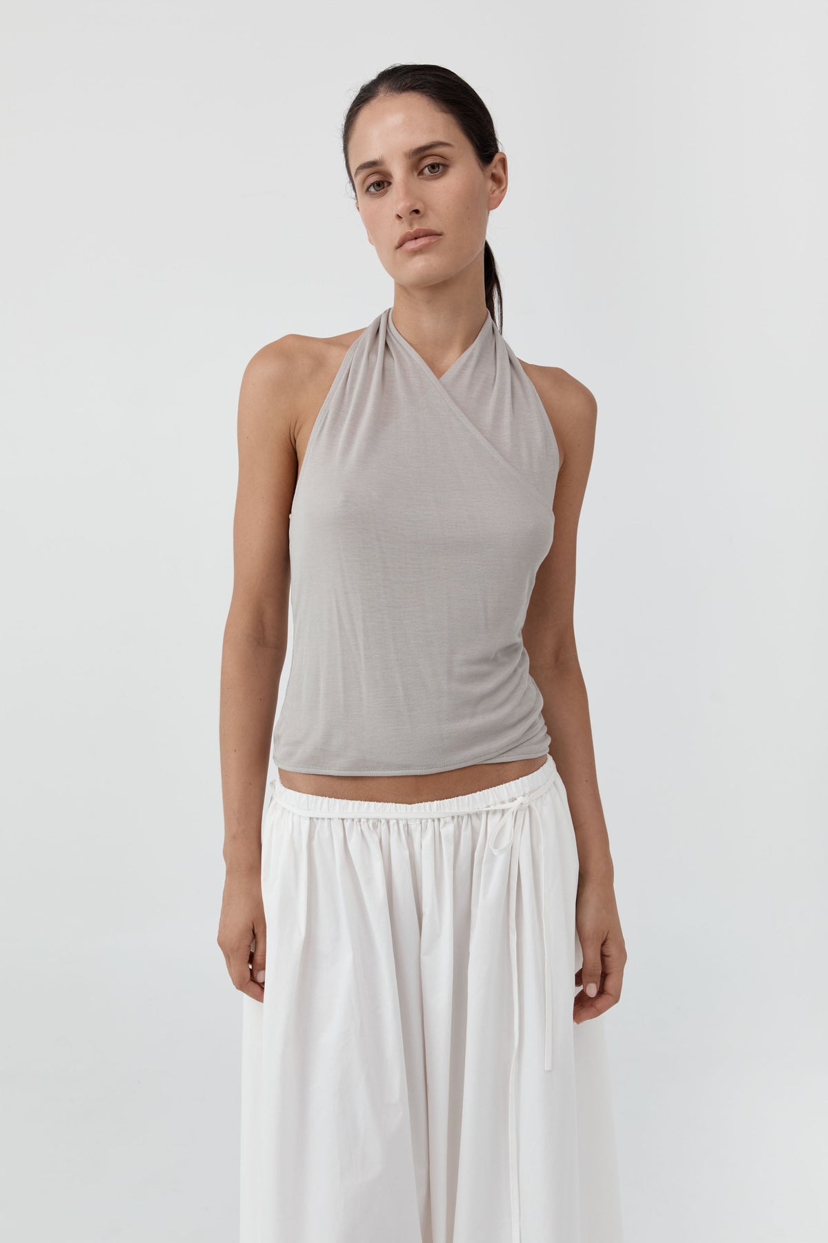 Fine Jersey Wrap Halter Top - Soft Ash