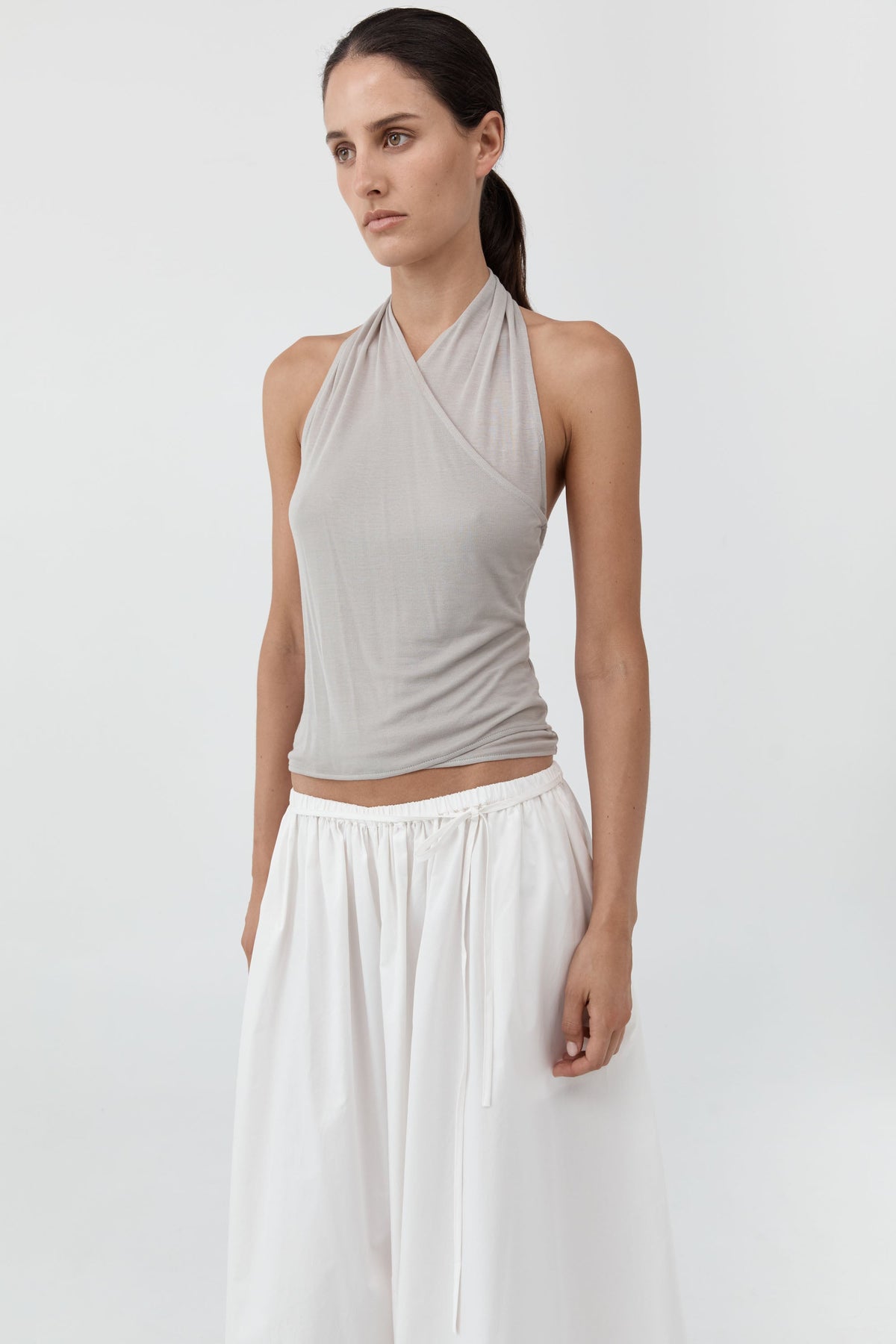 Fine Jersey Wrap Halter Top - Soft Ash