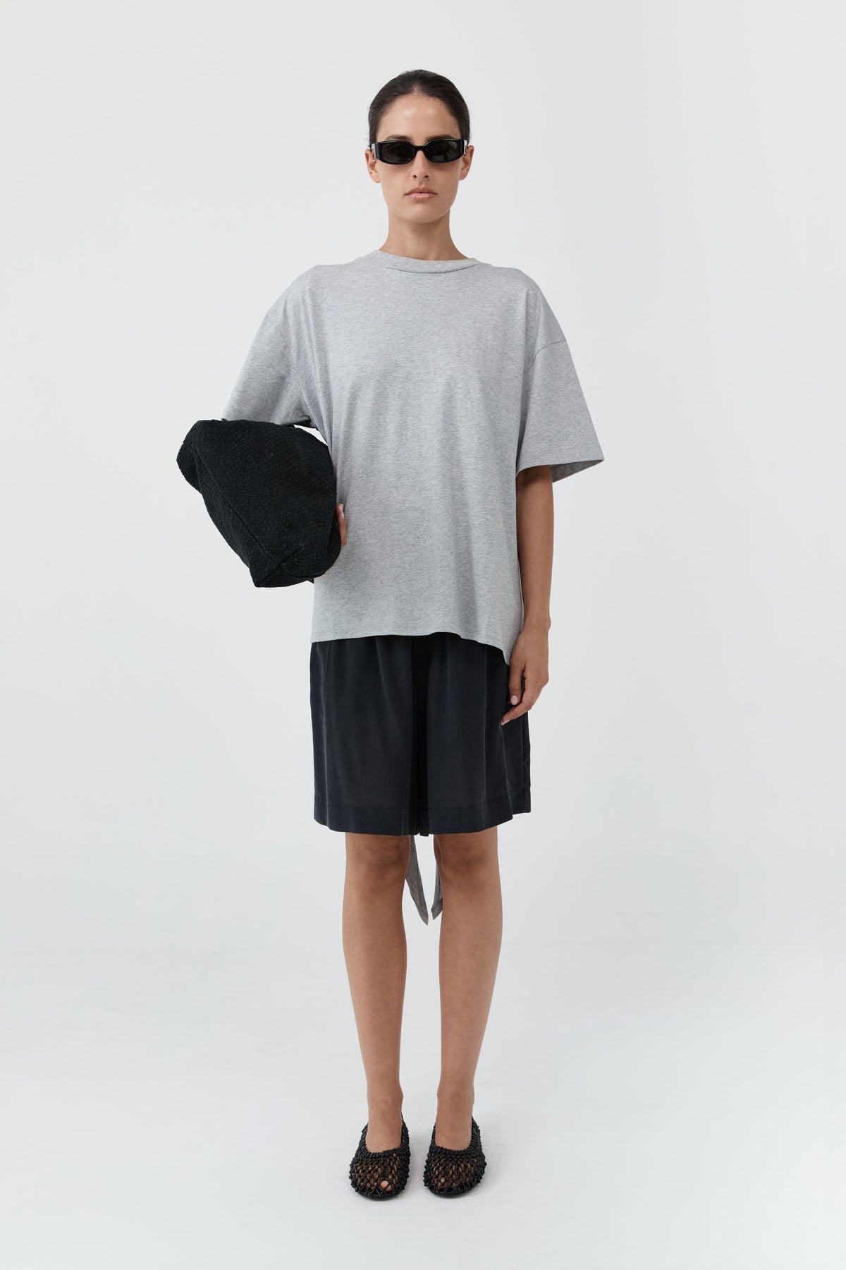 Cotton Jersey Split Back Tee - Light Grey Marle
