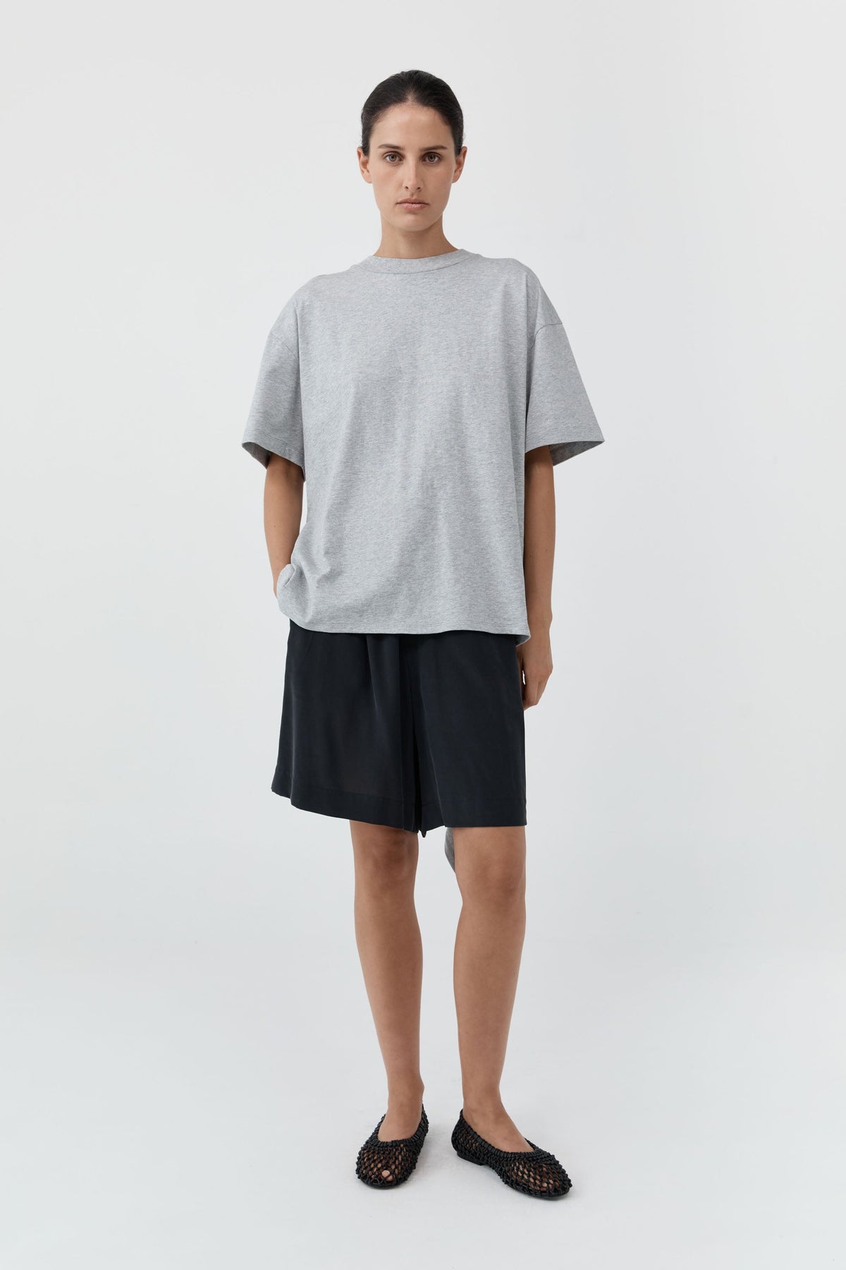 Cotton Jersey Split Back Tee - Light Grey Marle