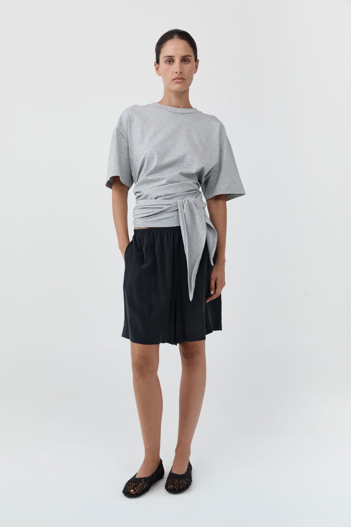 Cotton Jersey Split Back Tee - Light Grey Marle