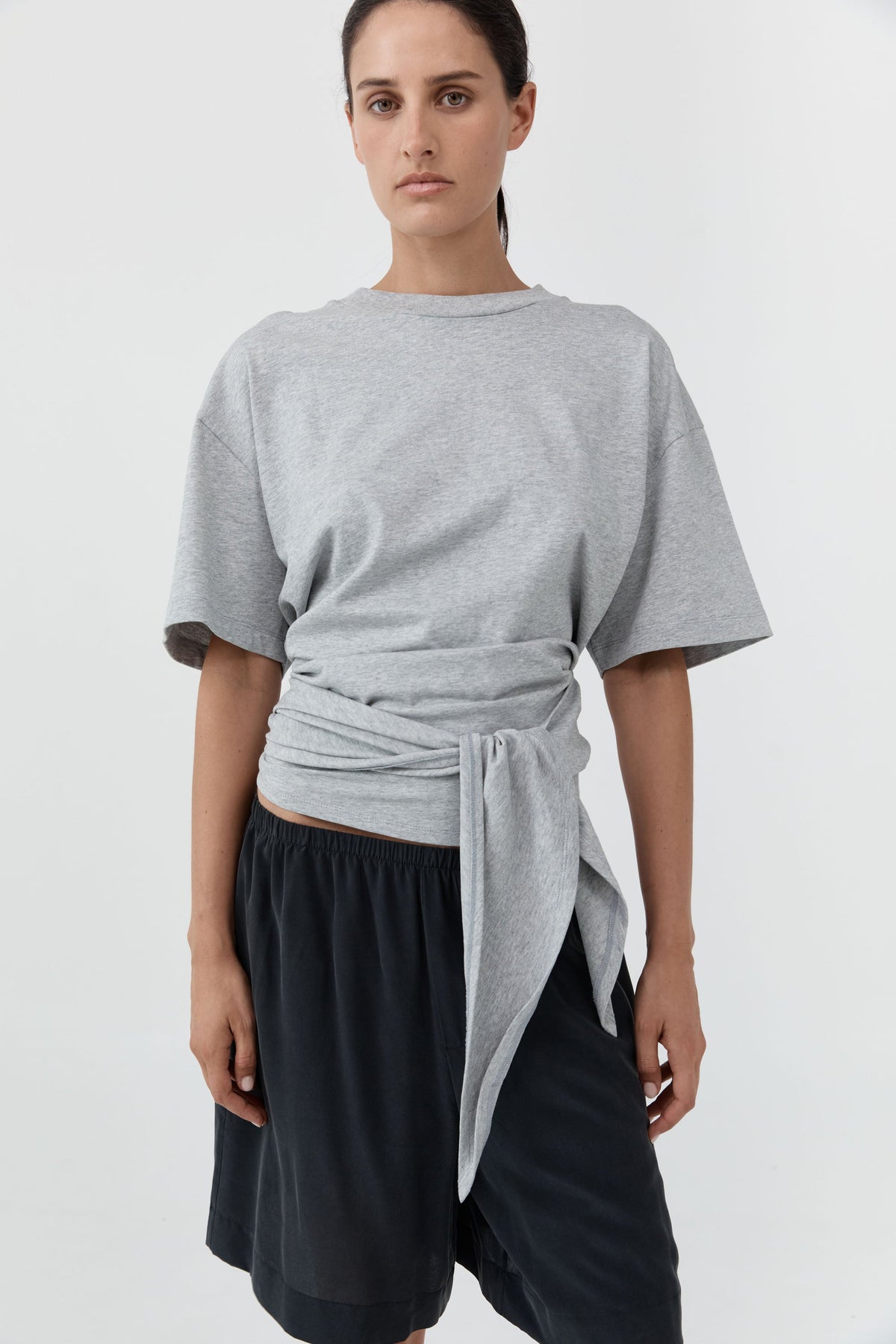 Cotton Jersey Split Back Tee - Light Grey Marle