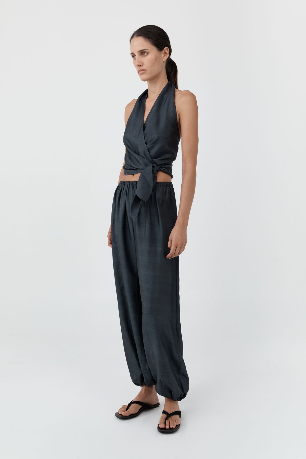 Silk Halter Wrap Top - Washed Black