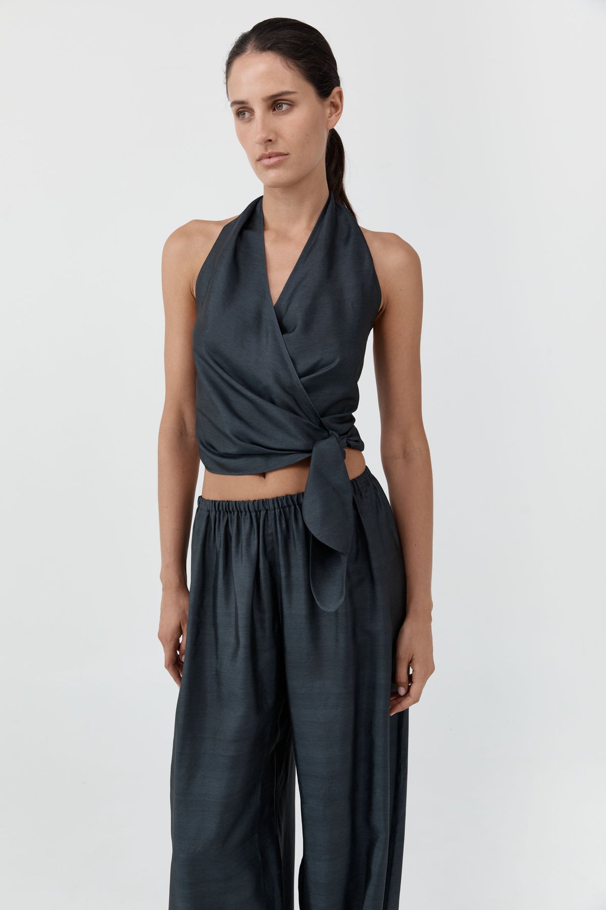 Silk Halter Wrap Top - Washed Black