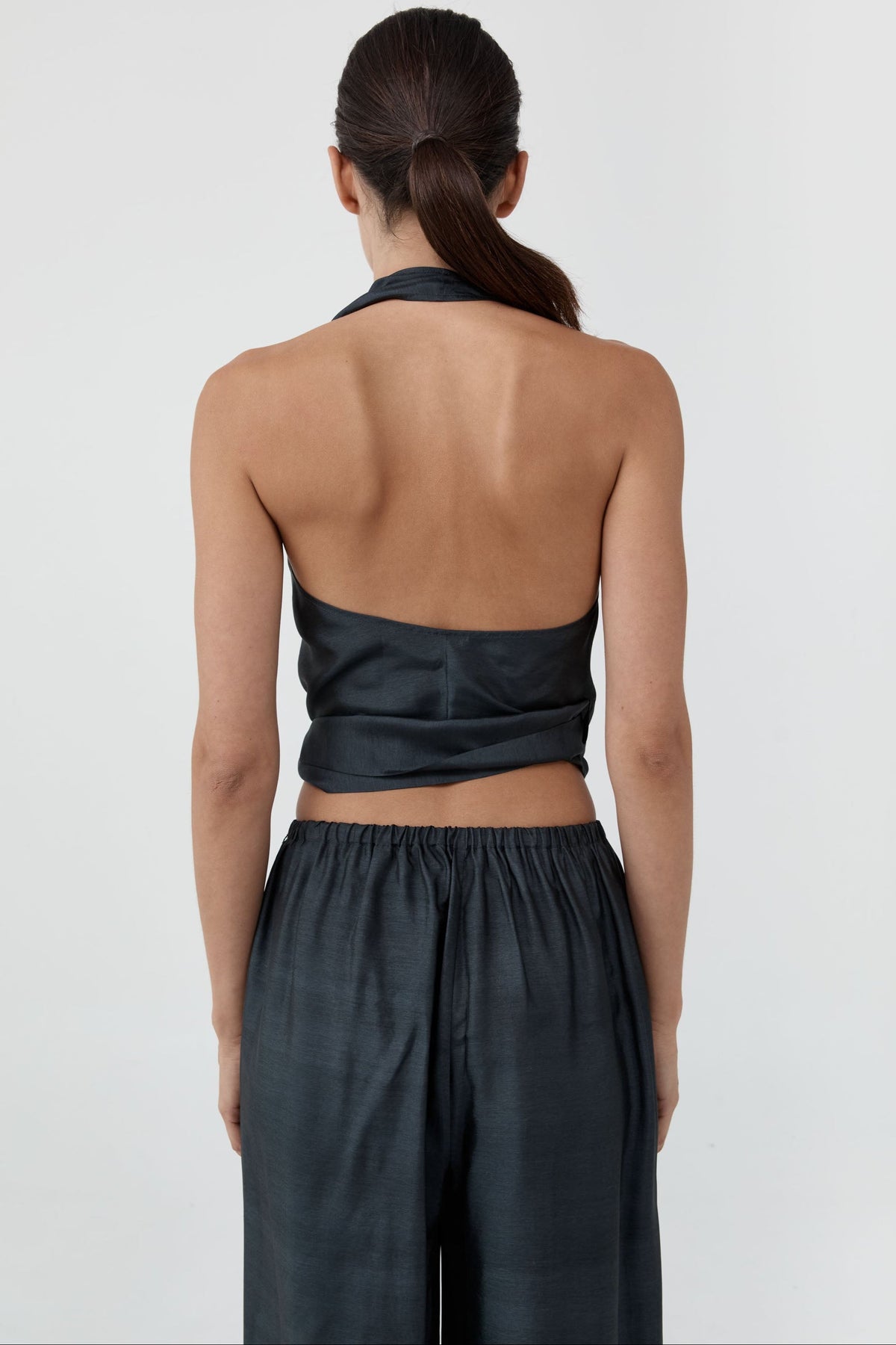 Silk Halter Wrap Top - Washed Black