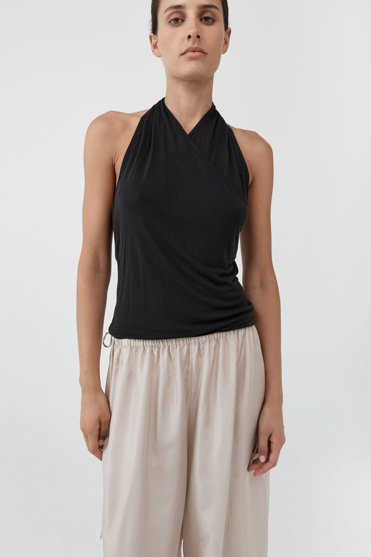 Fine Jersey Wrap Halter Top - Charcoal