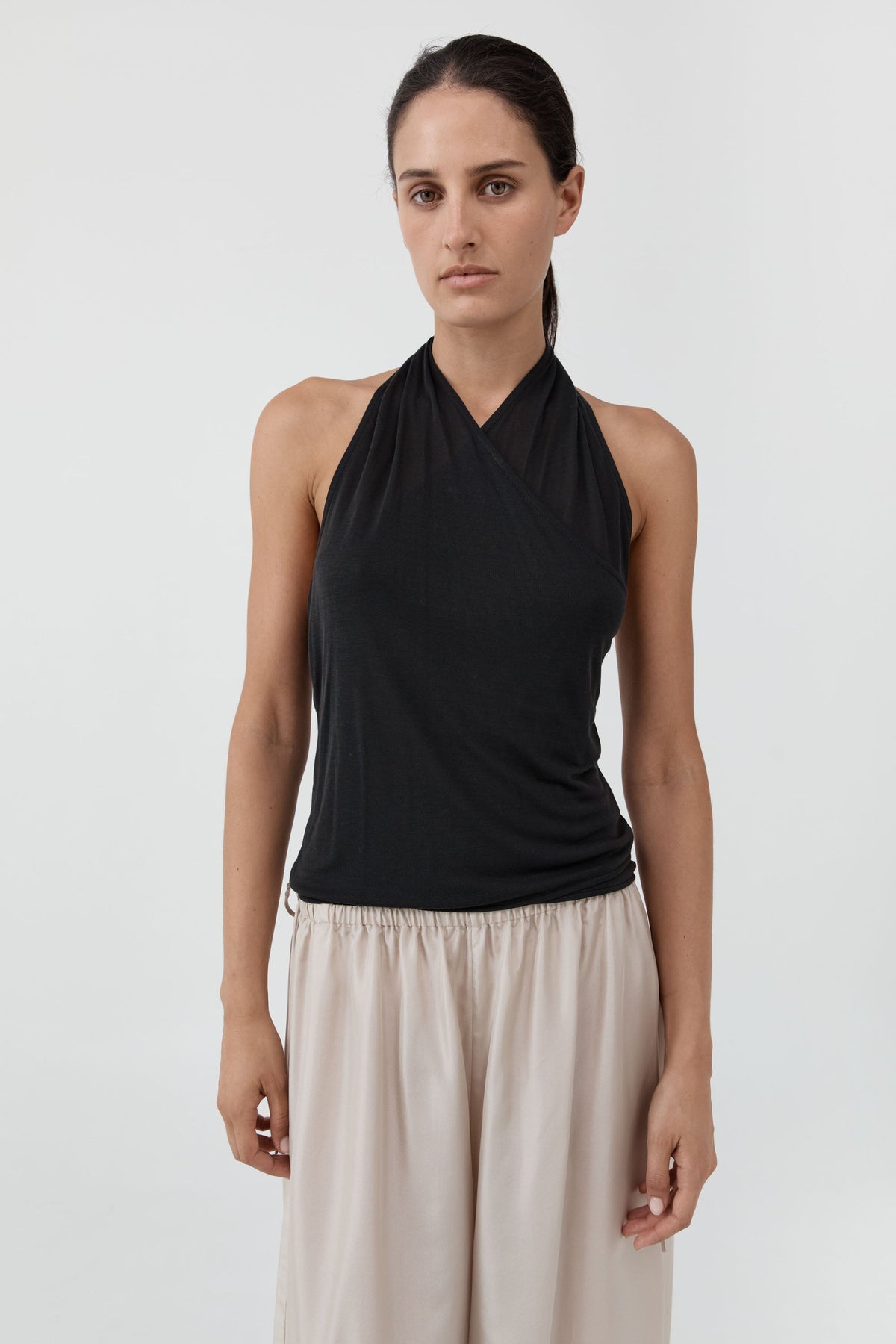 Fine Jersey Wrap Halter Top - Charcoal