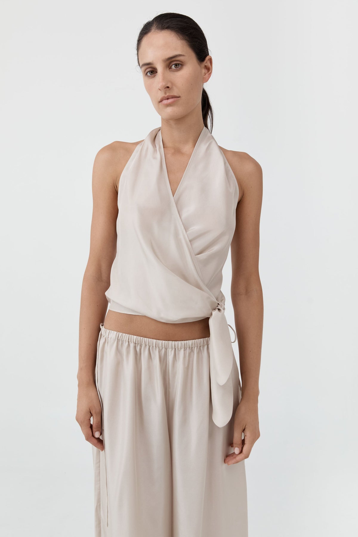 Silk Halter Wrap Top - Soft Ash