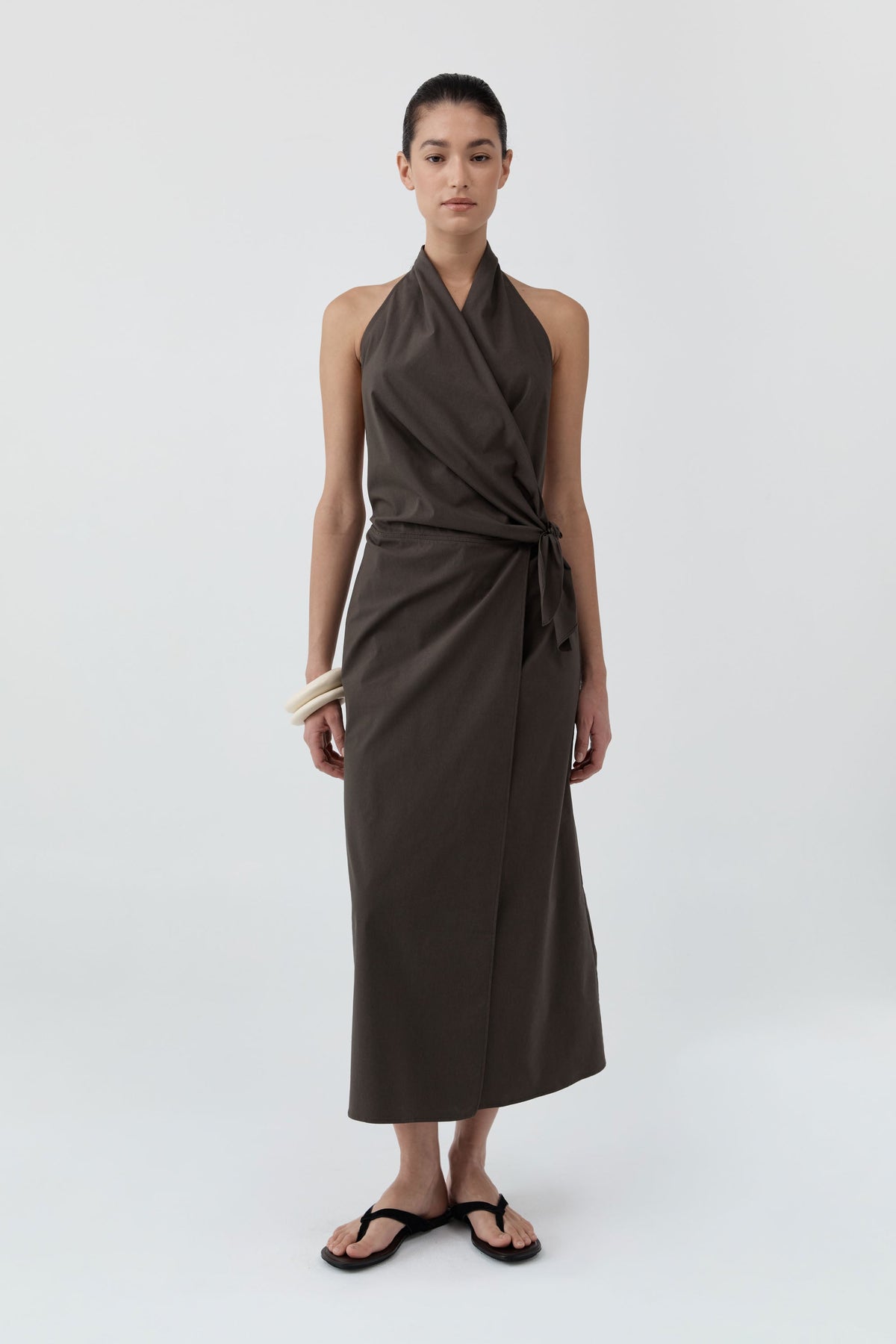 Halter Wrap Backless Dress - Wood