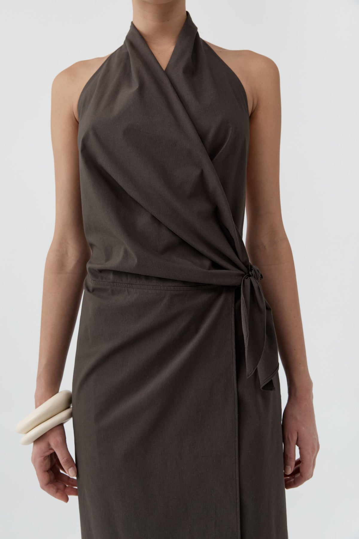 Halter Wrap Backless Dress - Wood