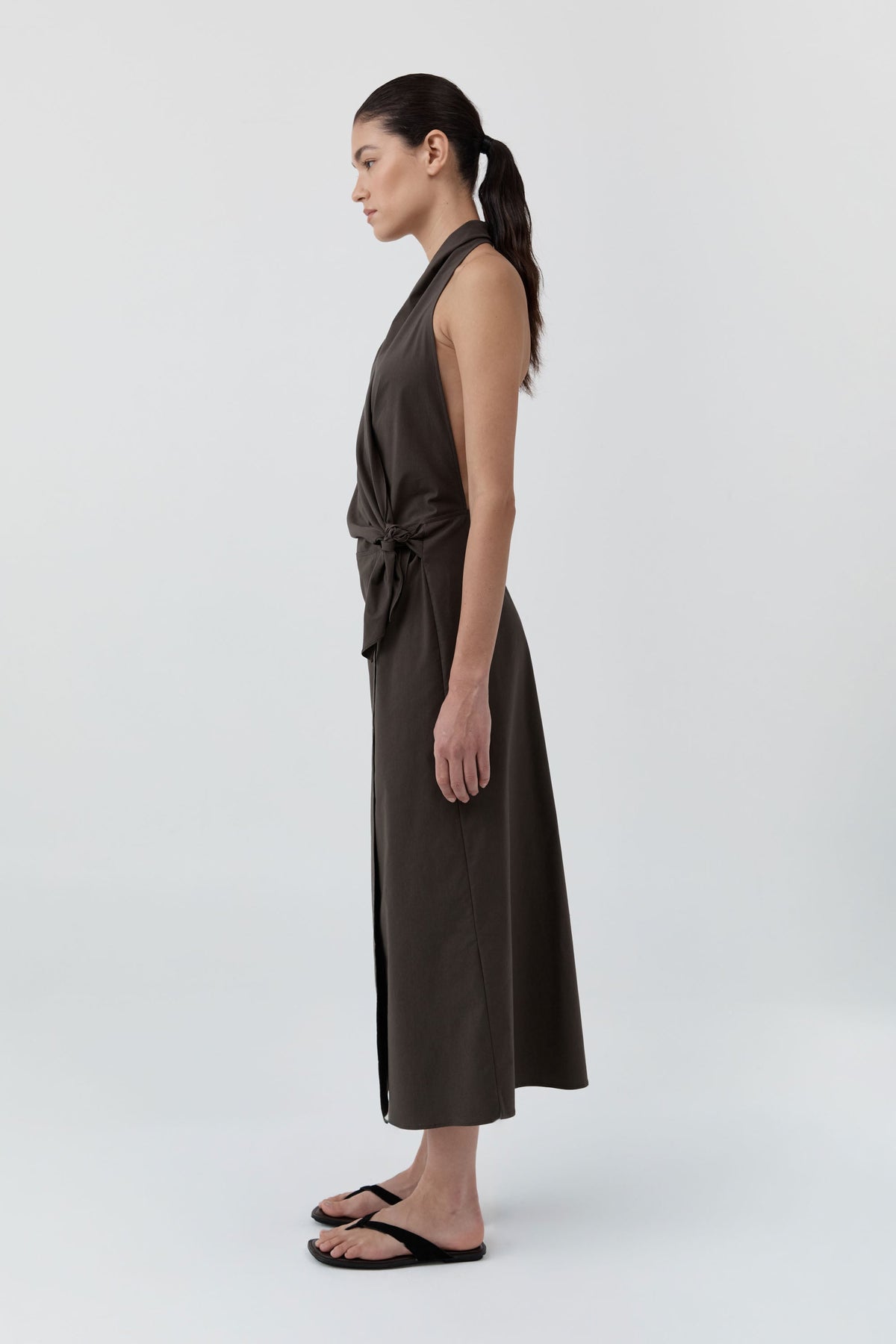 Halter Wrap Backless Dress - Wood