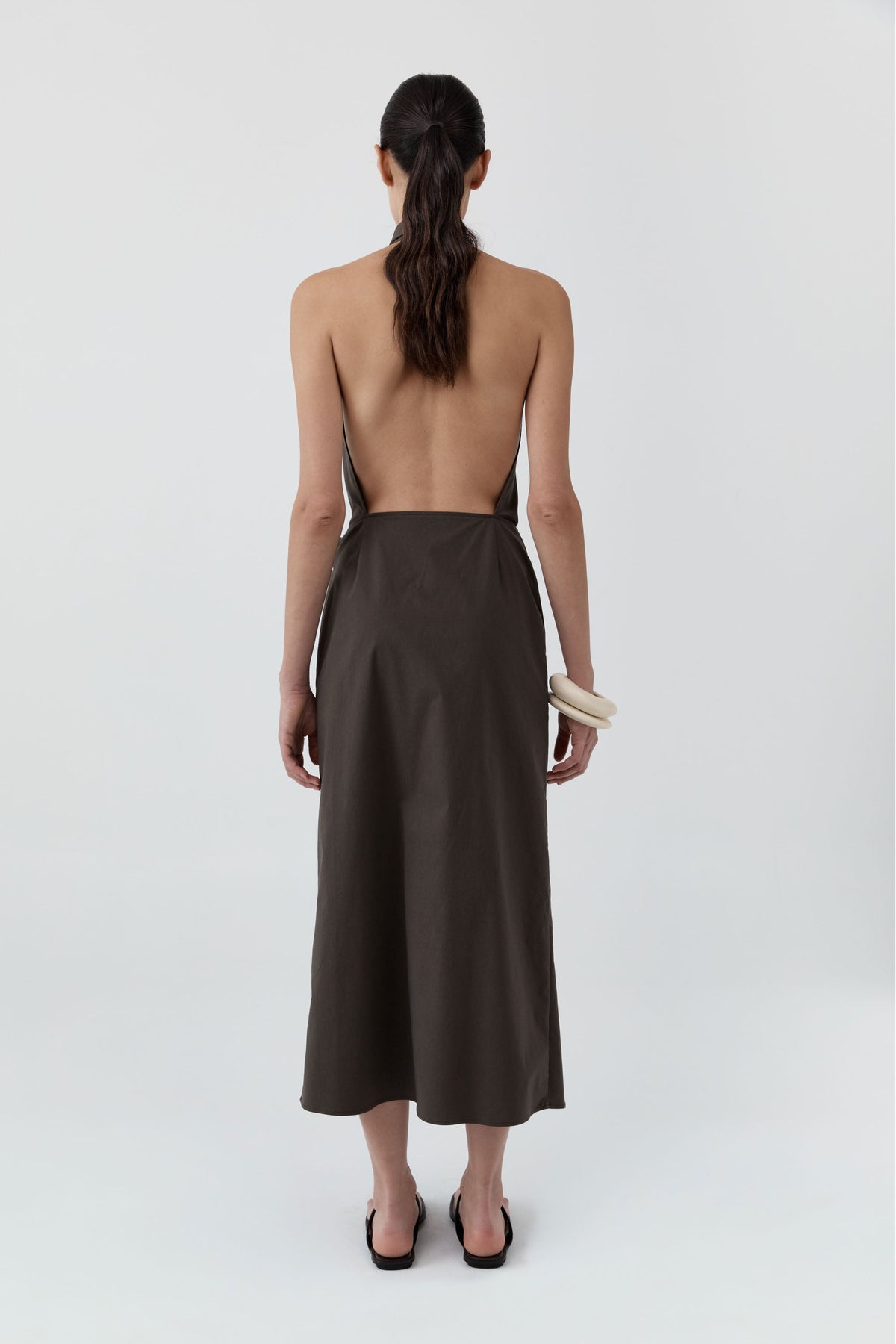 Halter Wrap Backless Dress - Wood