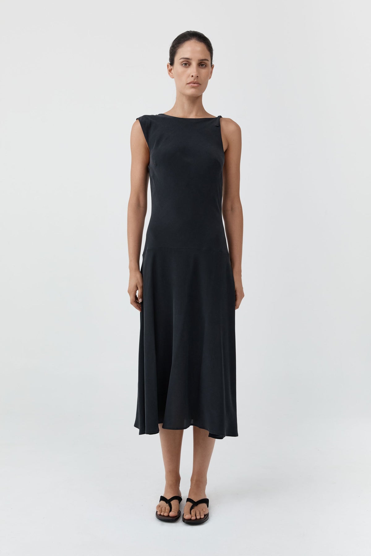 Silk Drape Back Midi Dress - Black