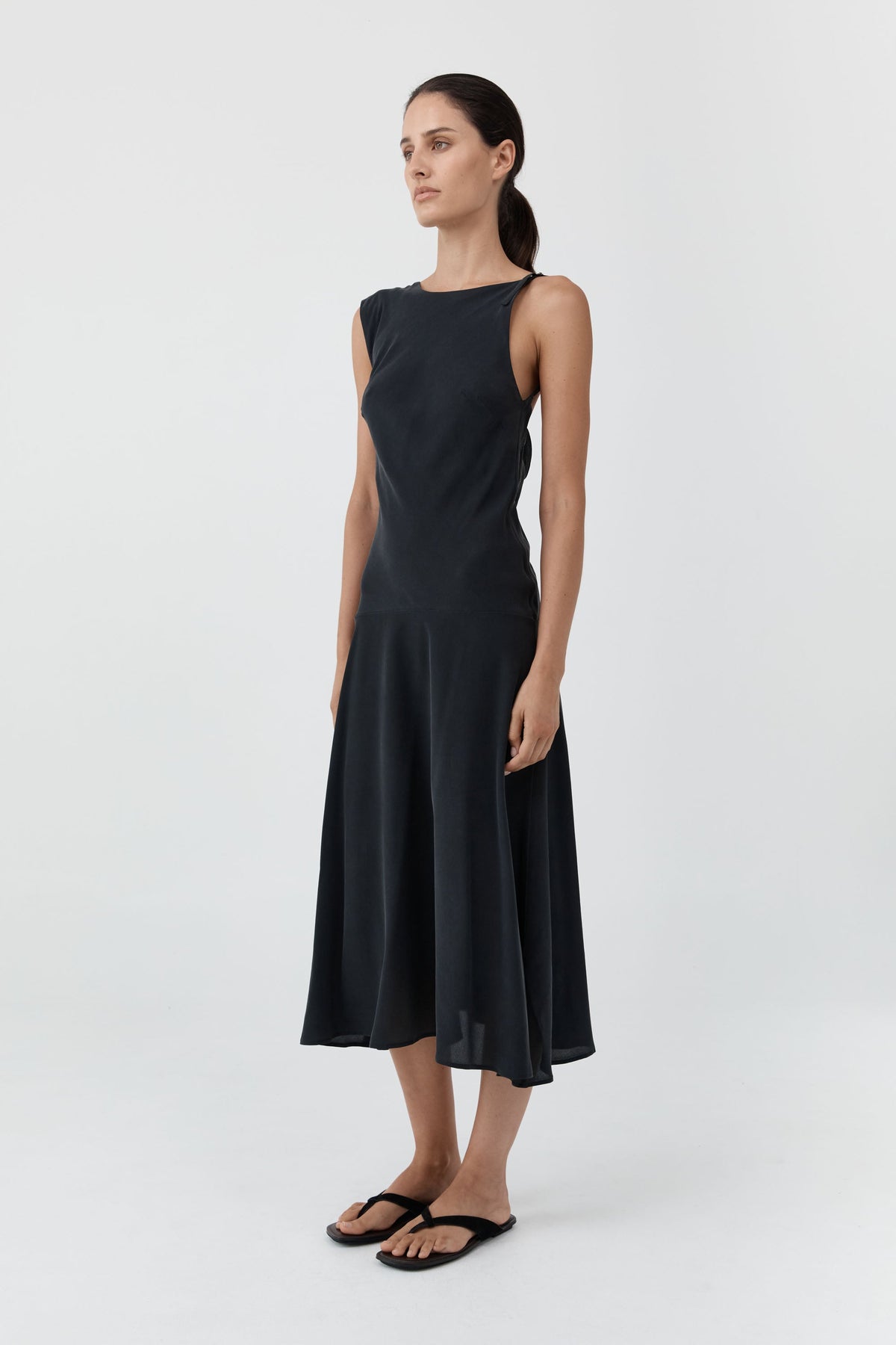 Silk Drape Back Midi Dress - Black