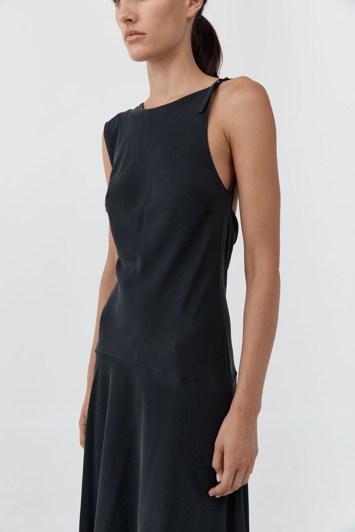 Silk Drape Back Midi Dress - Black