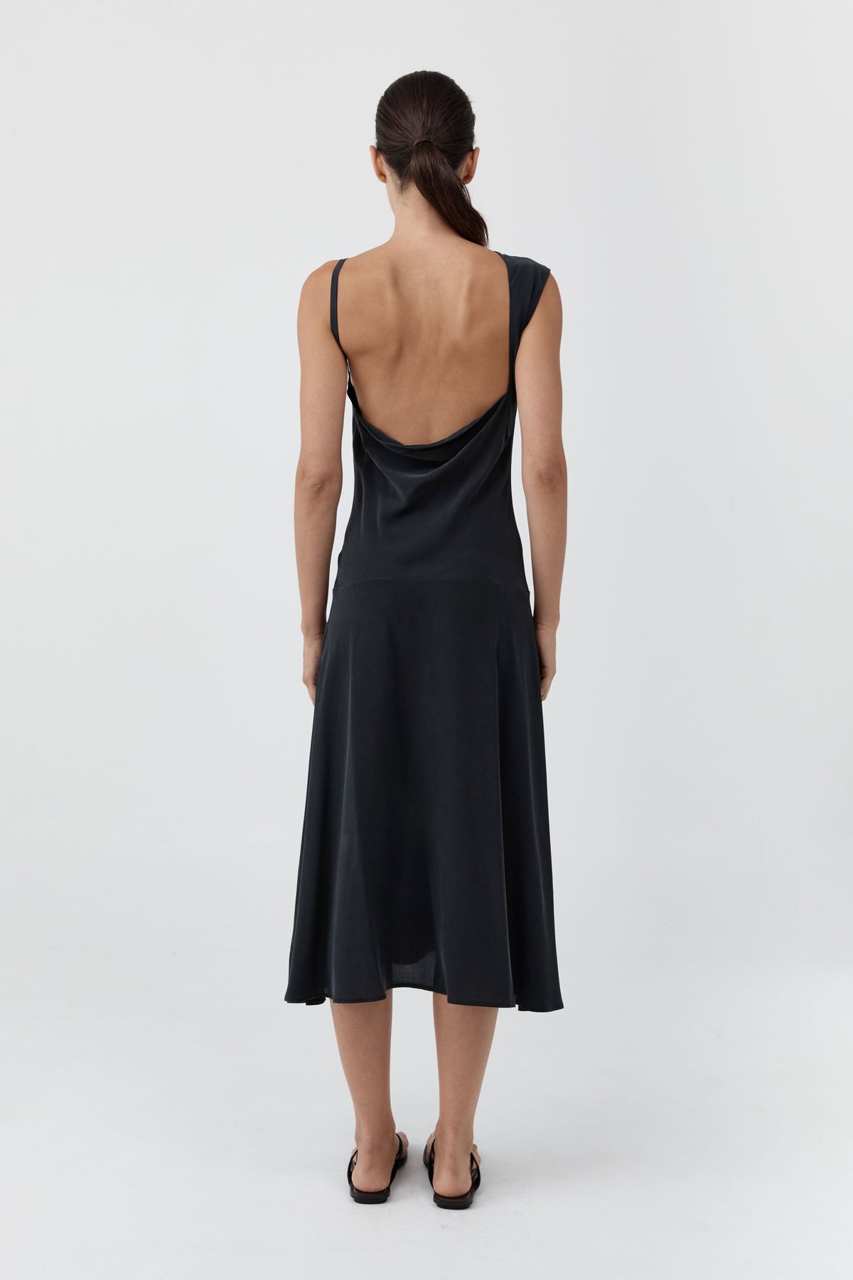 Silk Drape Back Midi Dress - Black