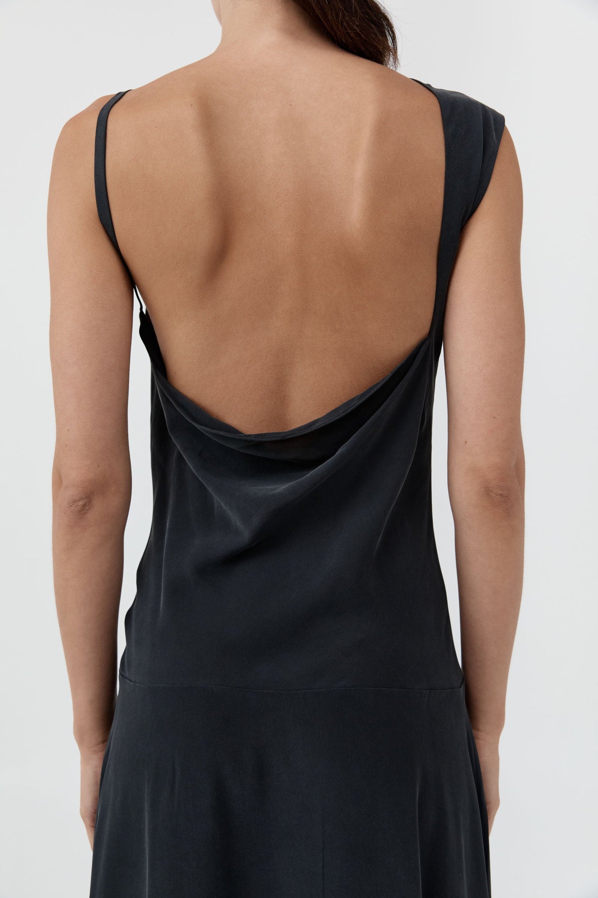 Silk Drape Back Midi Dress - Black