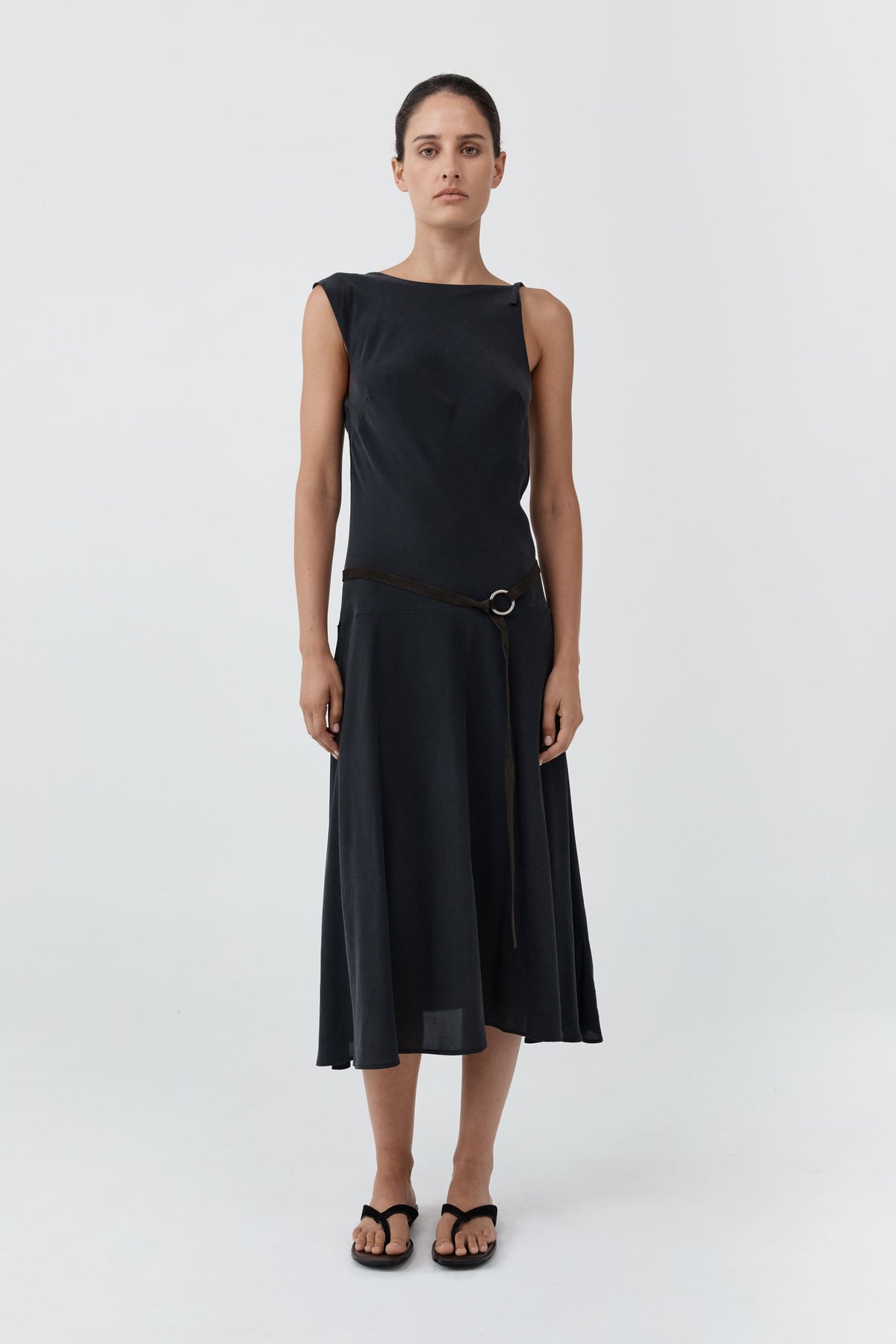 Silk Drape Back Midi Dress - Black