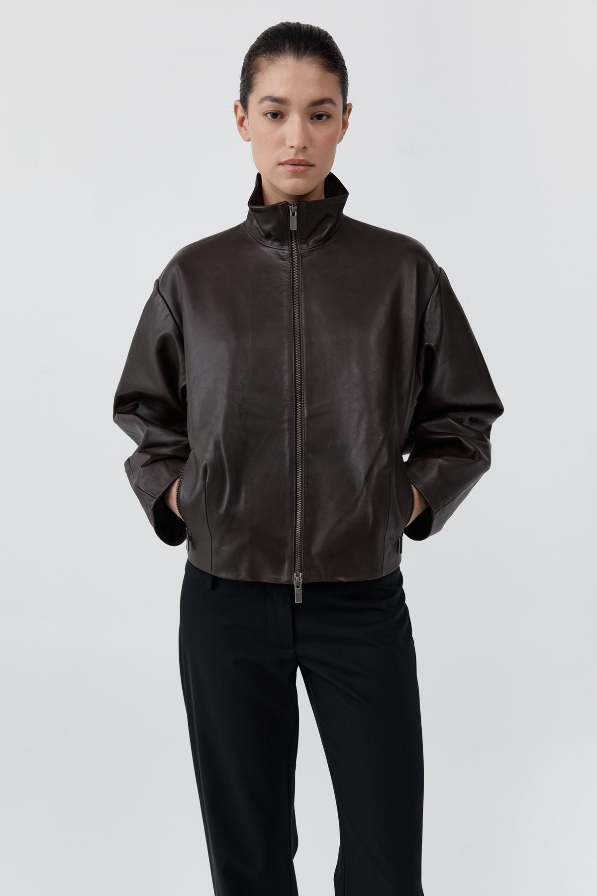 Cocoon Zip Leather Jacket - Chocolate