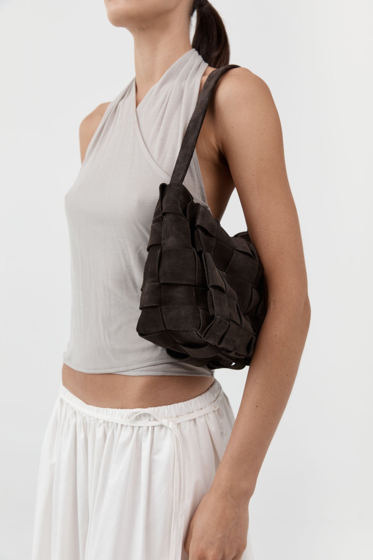 Suede Woven Envelope Mini Tote - Coffee