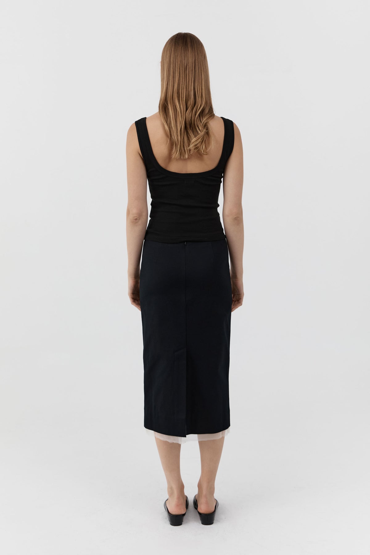 Compact Cotton Layered Column Skirt - Black
