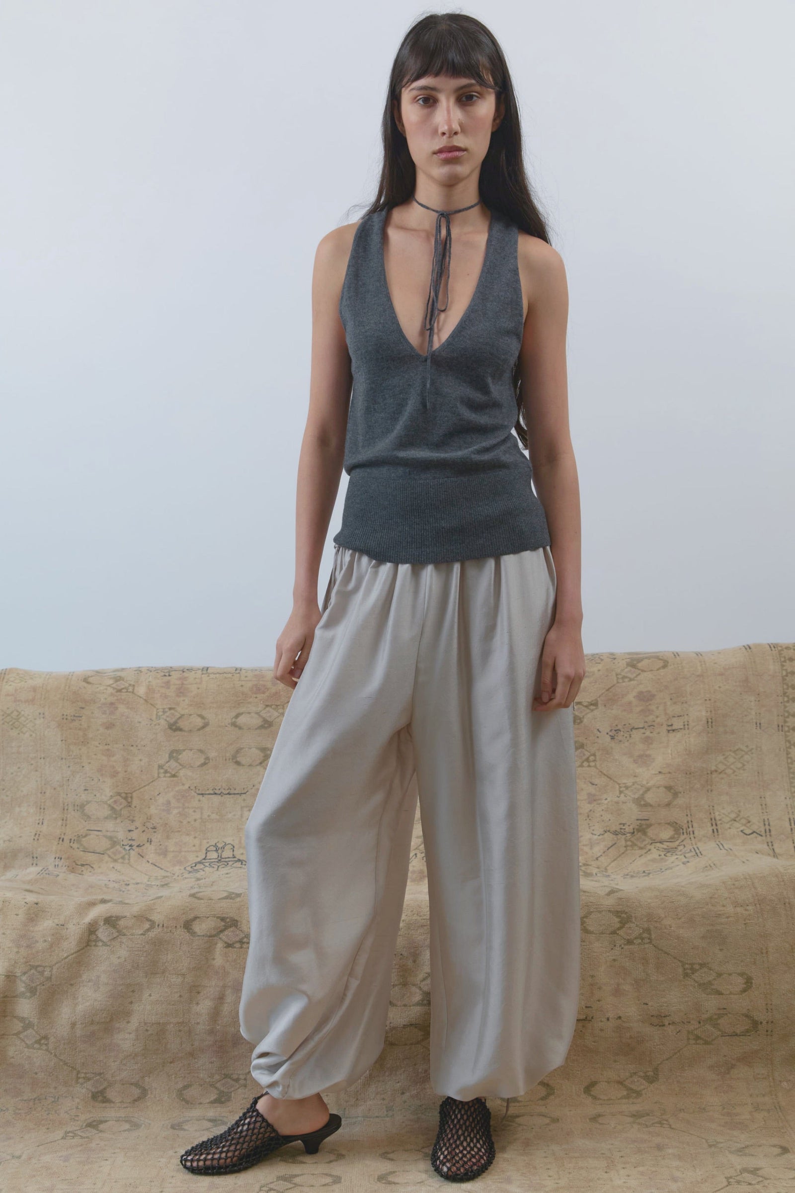 Plunge Rouleau Knit Tie Top - Iron Melange