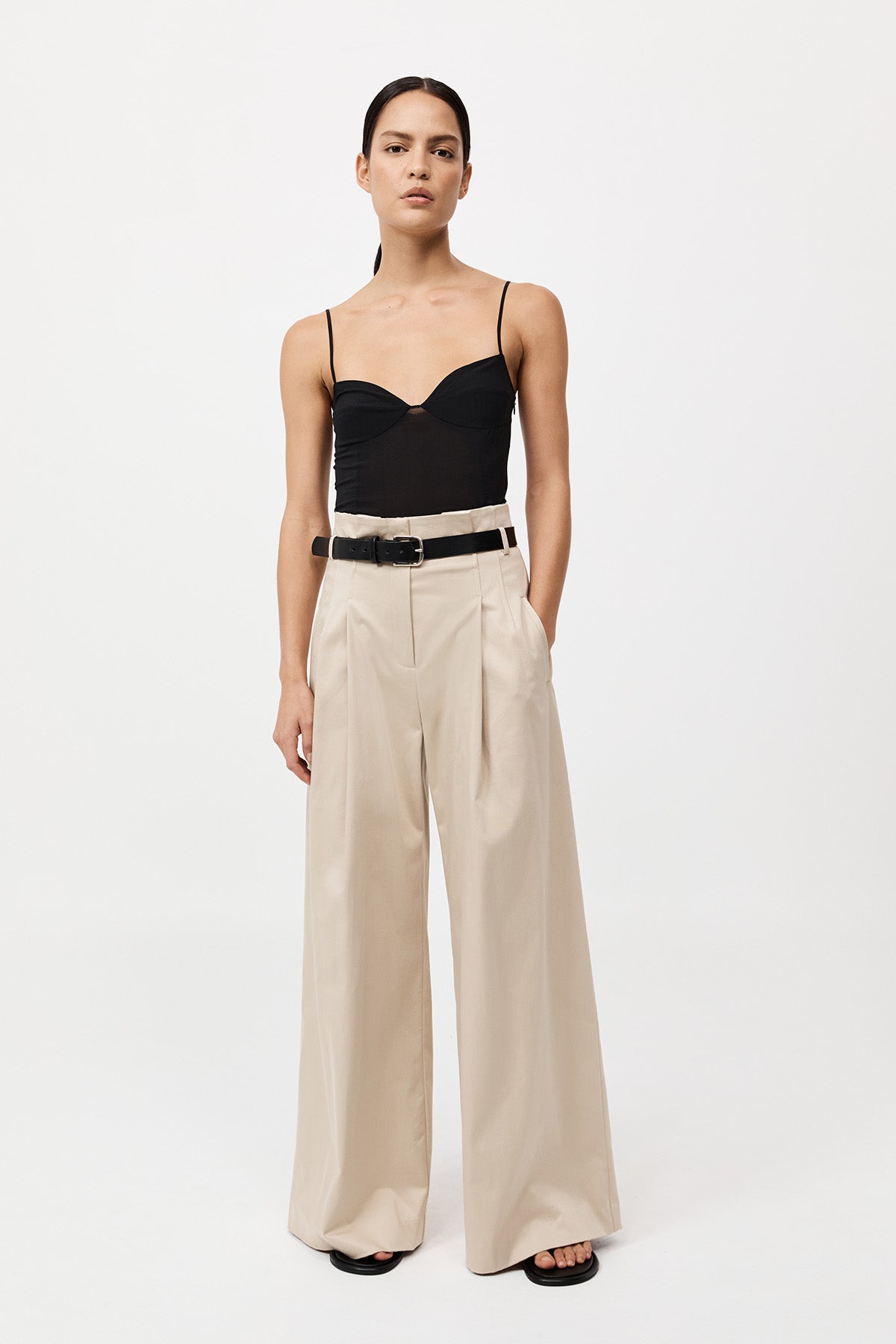 Cotton Paperbag Waist Trousers - Champagne