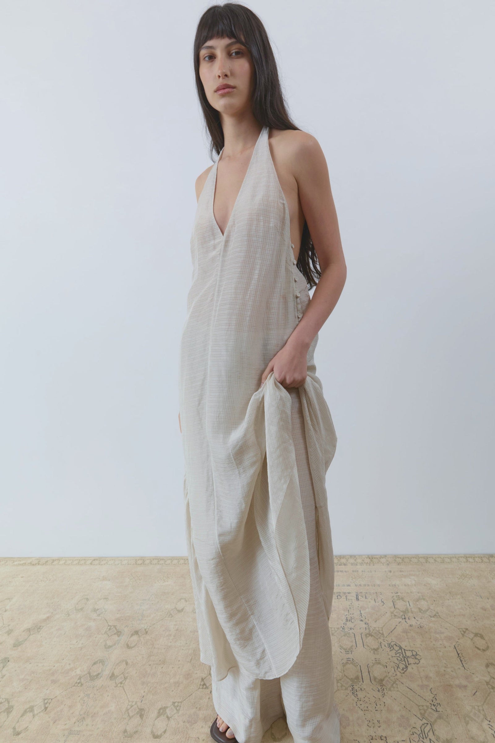 Woven Check Halter Dress - Soft Ash