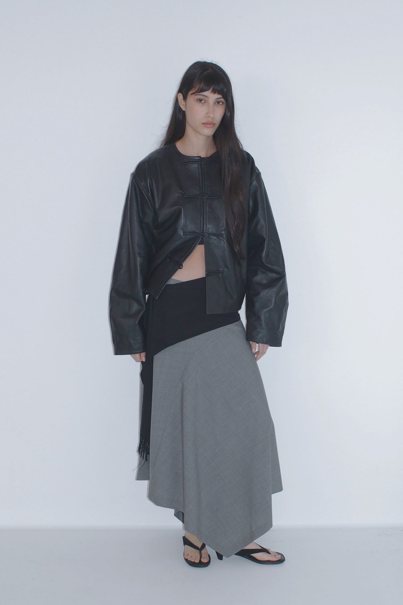 Button Detail Cocoon Leather Jacket - Black