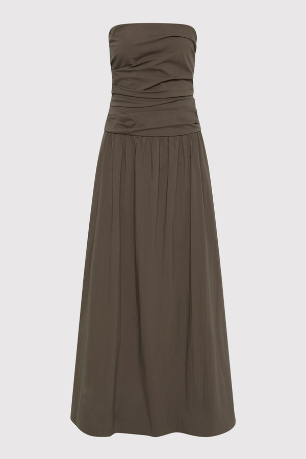 Gathered Strapless Tie Back Dress - Khaki