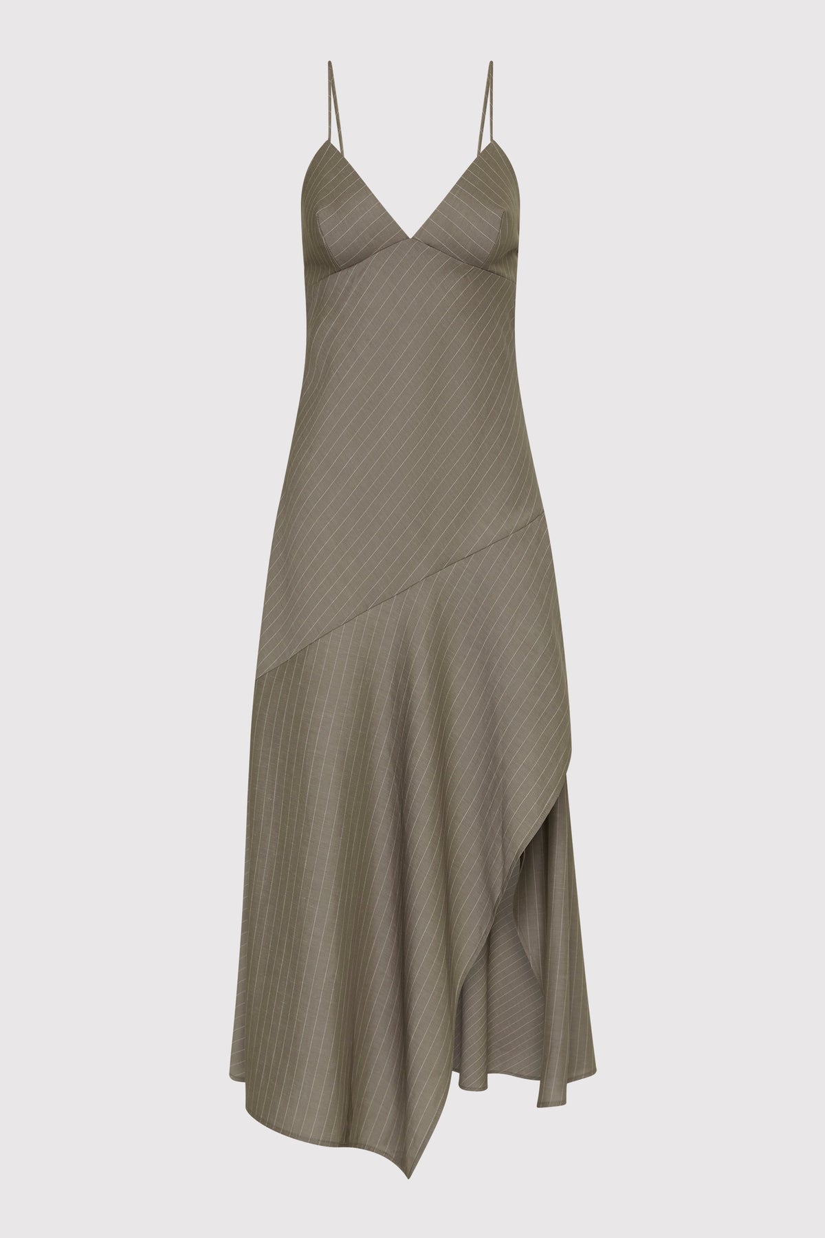 Asymmetric Slip Dress - Khaki Pinstripe