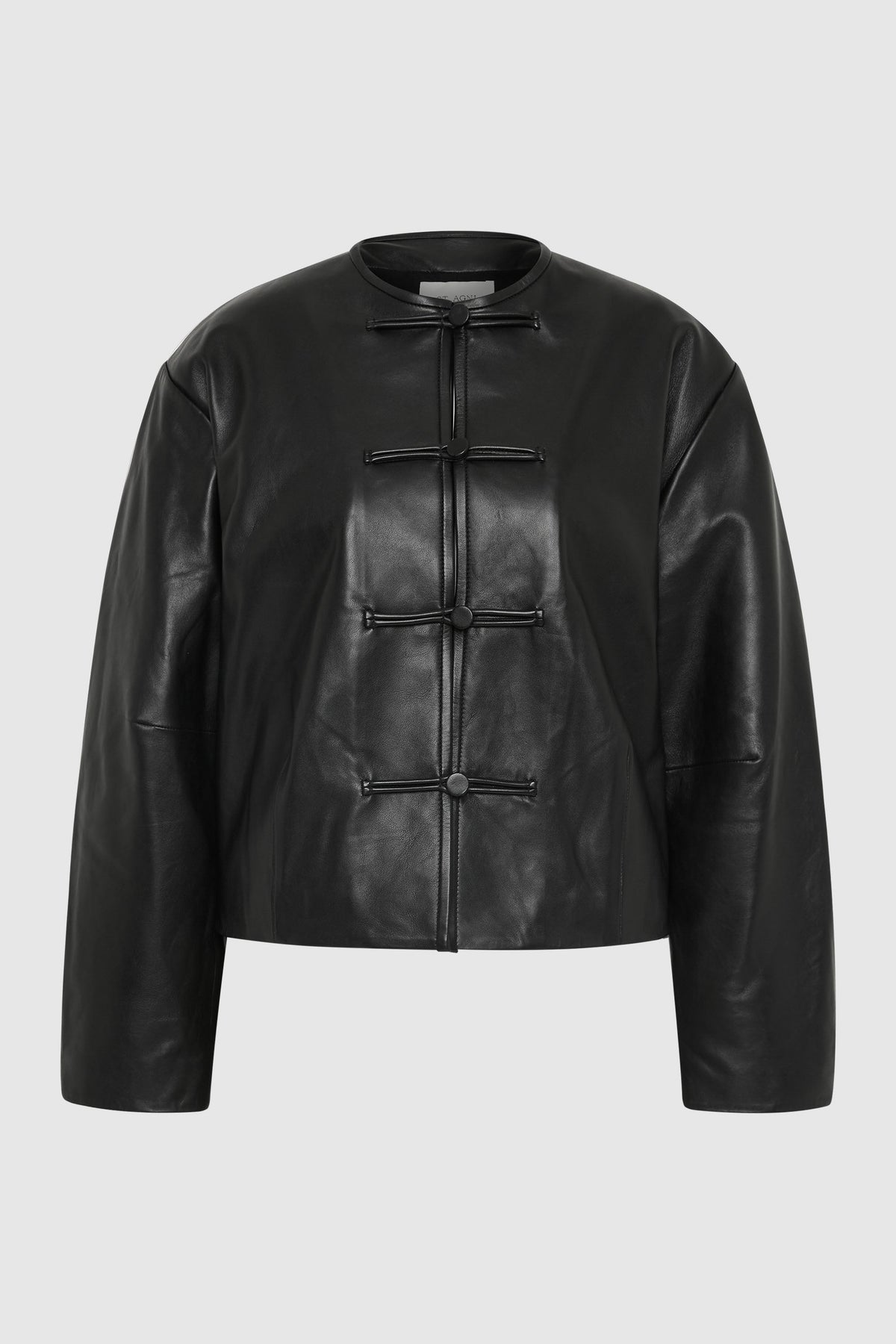 Button Detail Cocoon Leather Jacket - Black