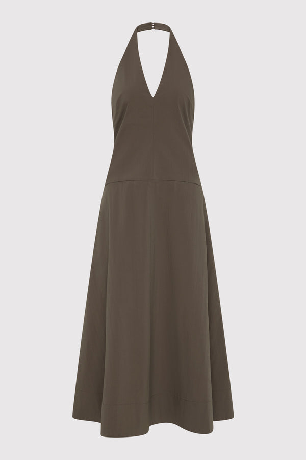 Halter Plunge Dress - Khaki