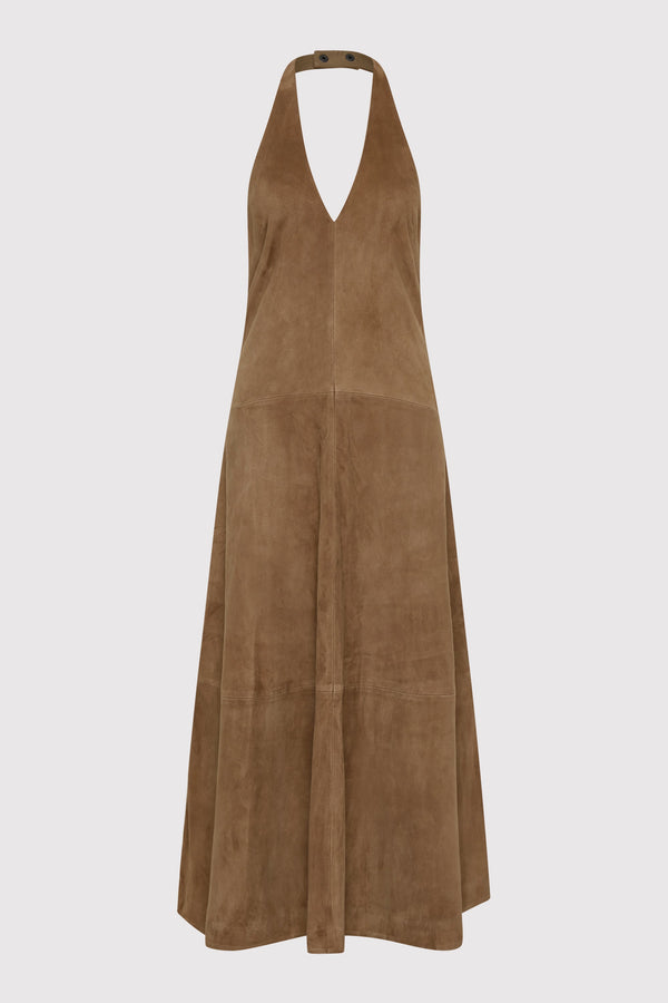 Suede Halter Plunge Dress - Toffee