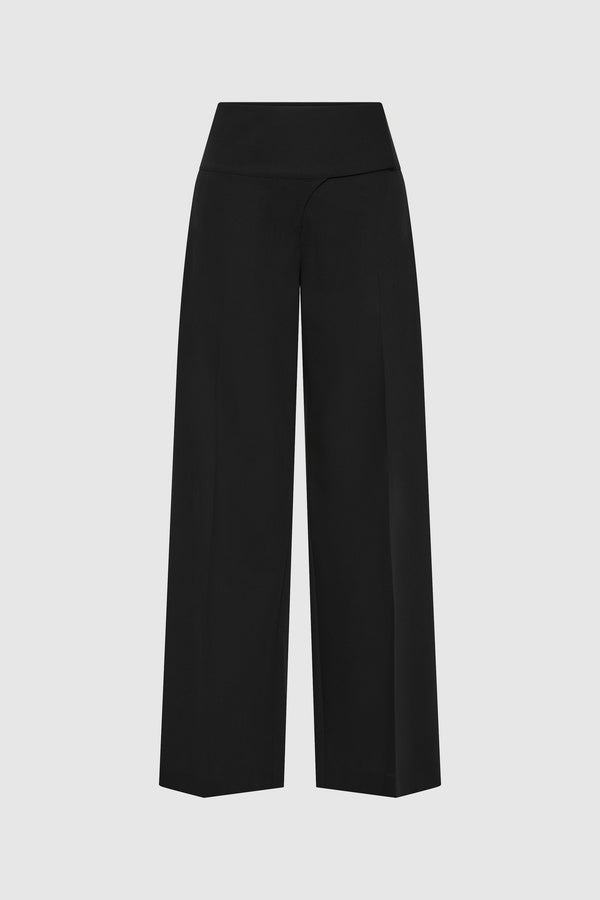 Wool Wide Waistband Pants - Black