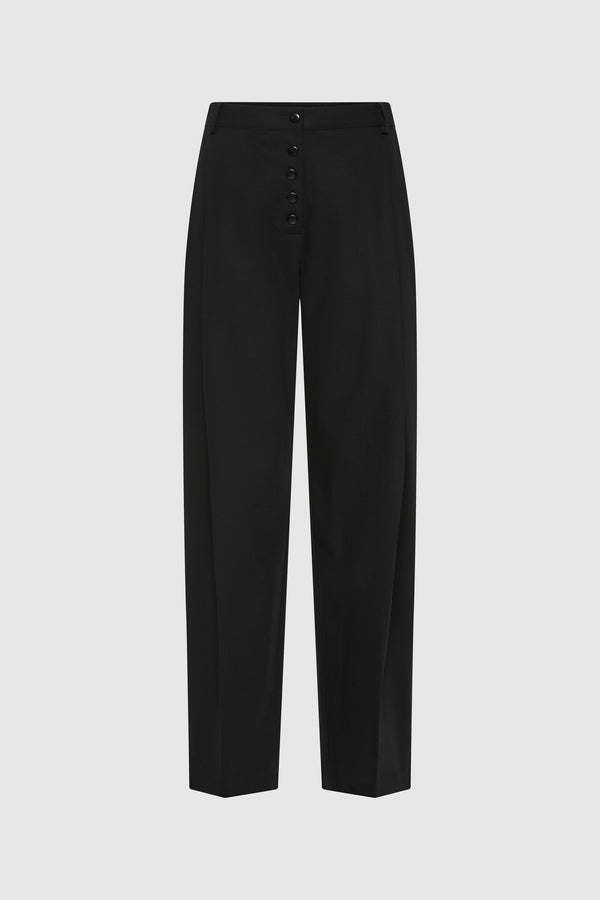 Wool Button Front Pleat Pants - Black